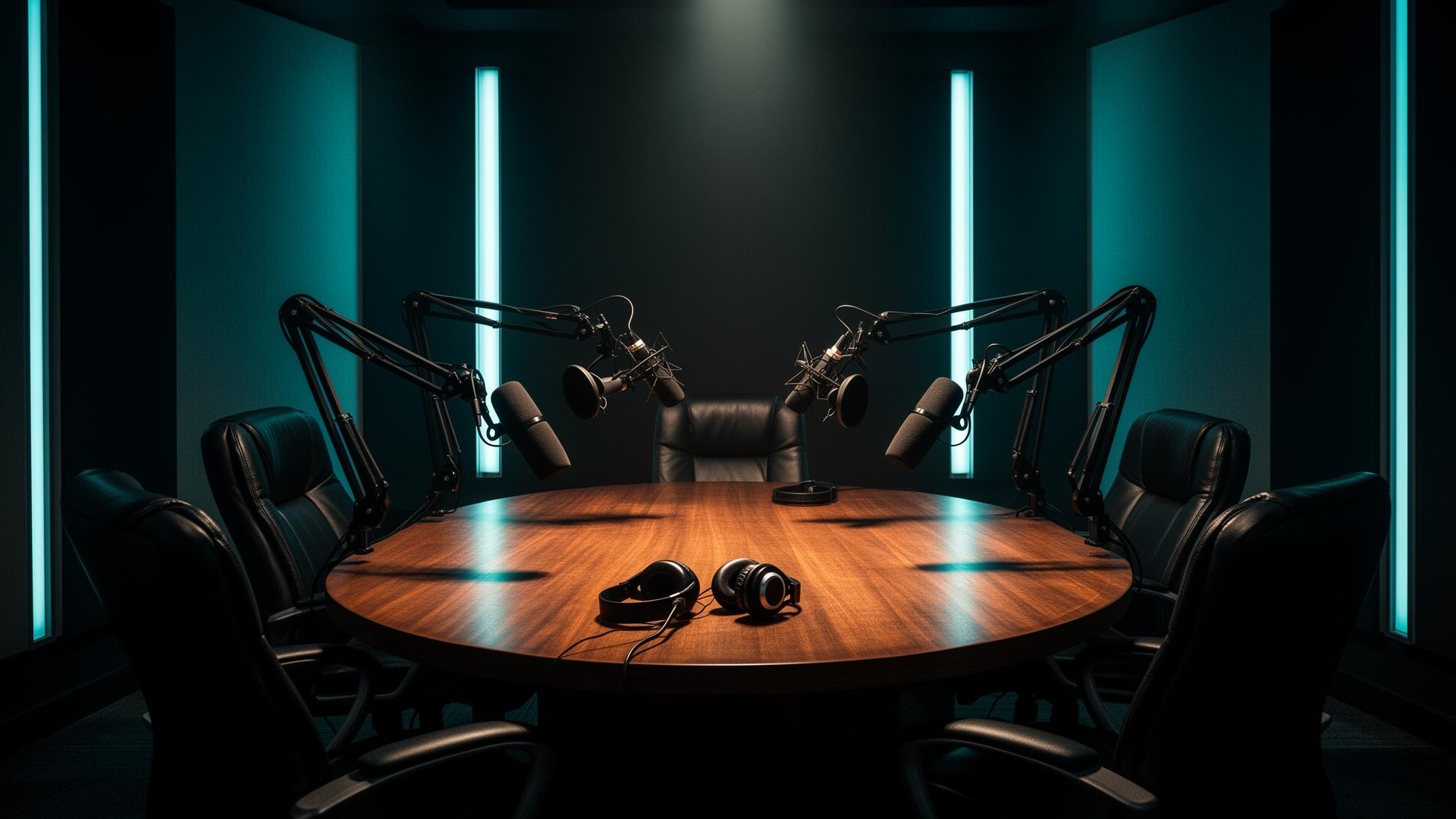 A roundtable podcast studio with microphones and headphones